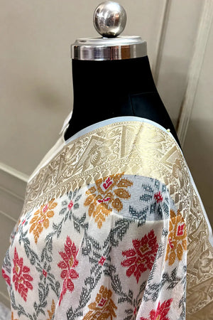 White Rani Printed Muga Silk Banarasi Saree