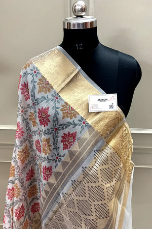 White Rani Printed Muga Silk Banarasi Saree