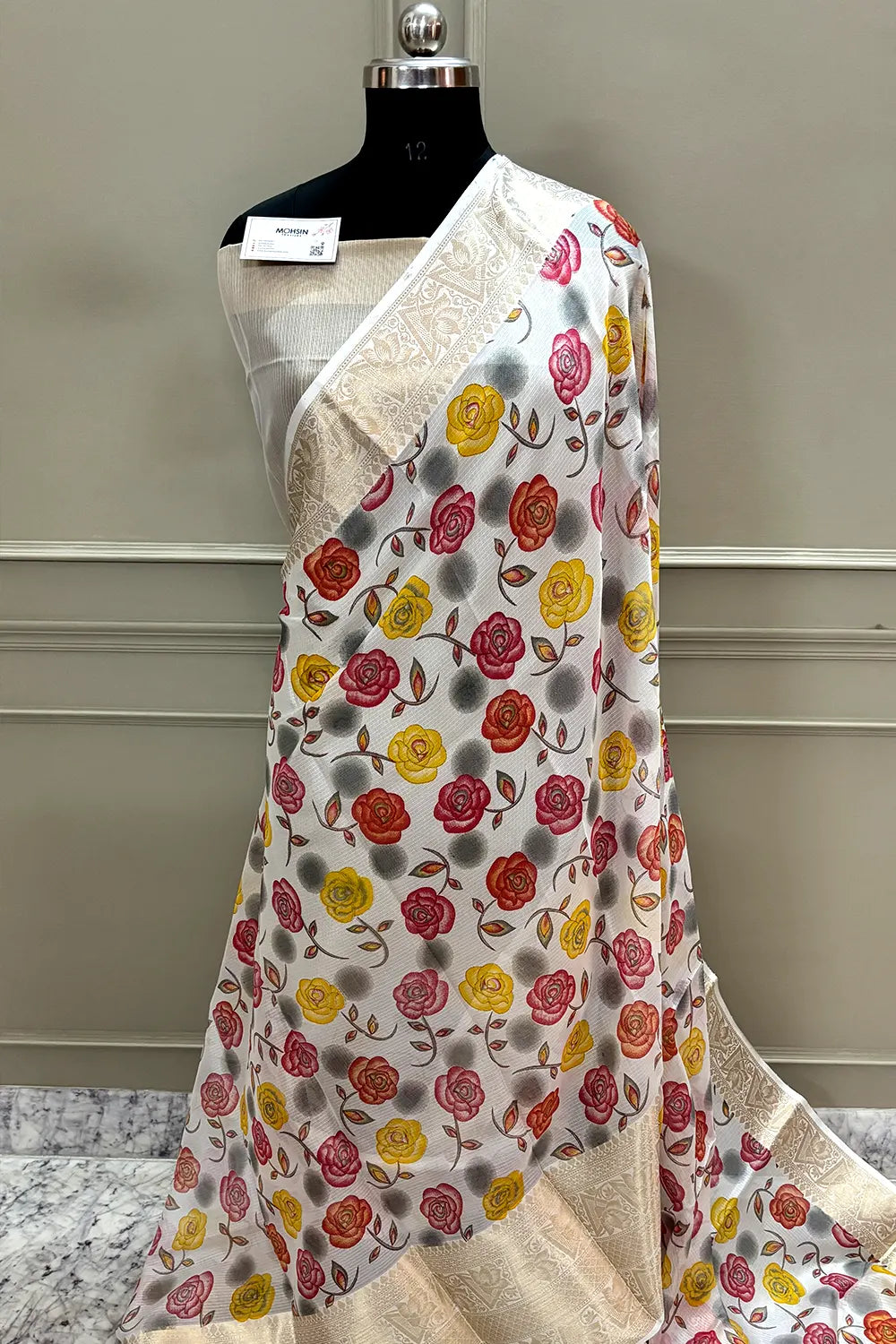 White Rani Printed Muga Silk Banarasi Saree