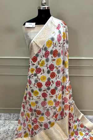 White Rani Printed Muga Silk Banarasi Saree