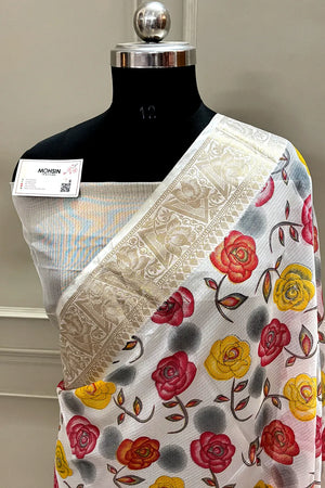 White Rani Printed Muga Silk Banarasi Saree