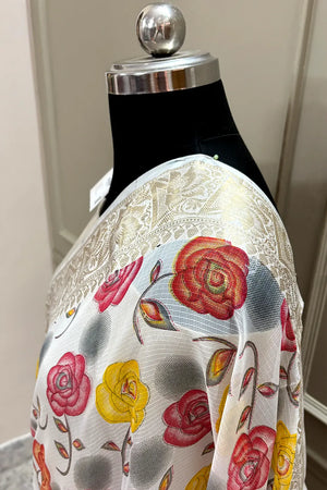 White Rani Printed Muga Silk Banarasi Saree