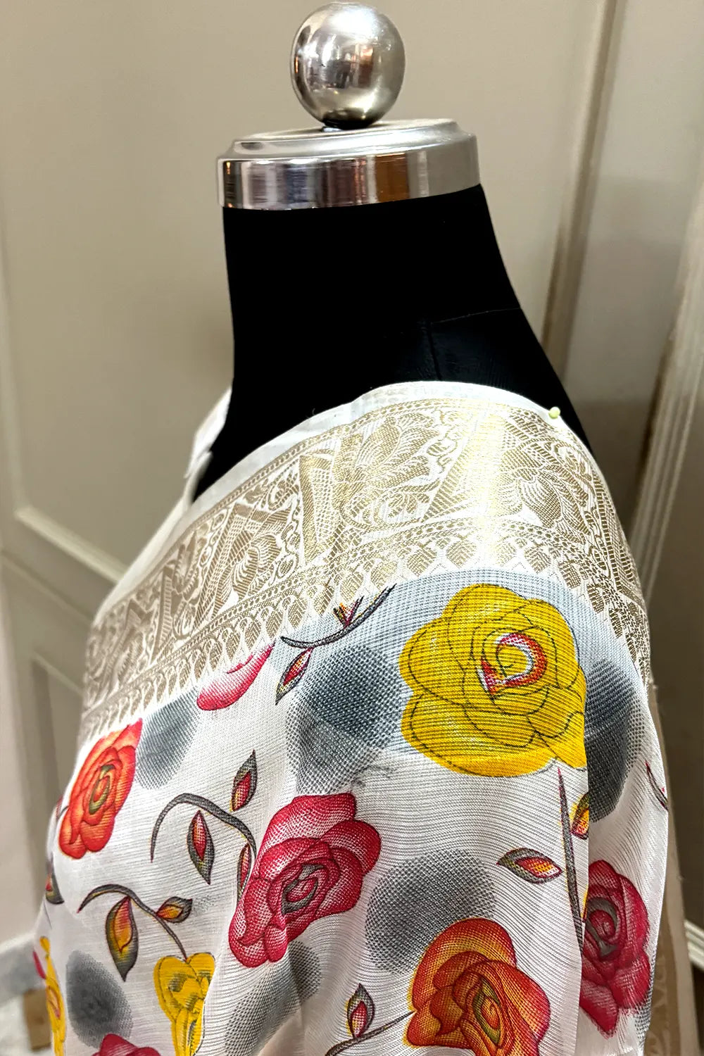 White Rani Printed Muga Silk Banarasi Saree