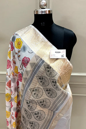 White Rani Printed Muga Silk Banarasi Saree