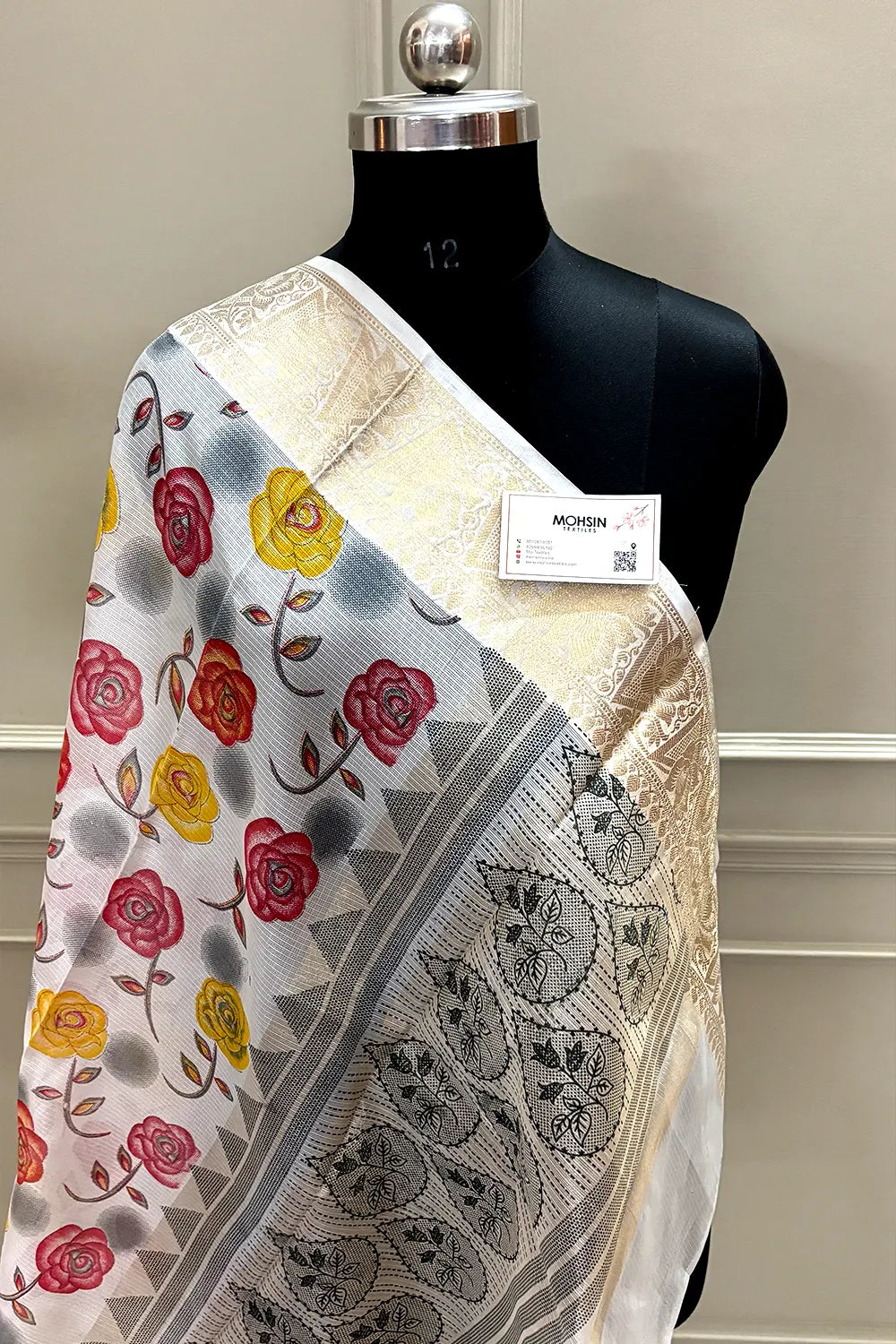 White Rani Printed Muga Silk Banarasi Saree