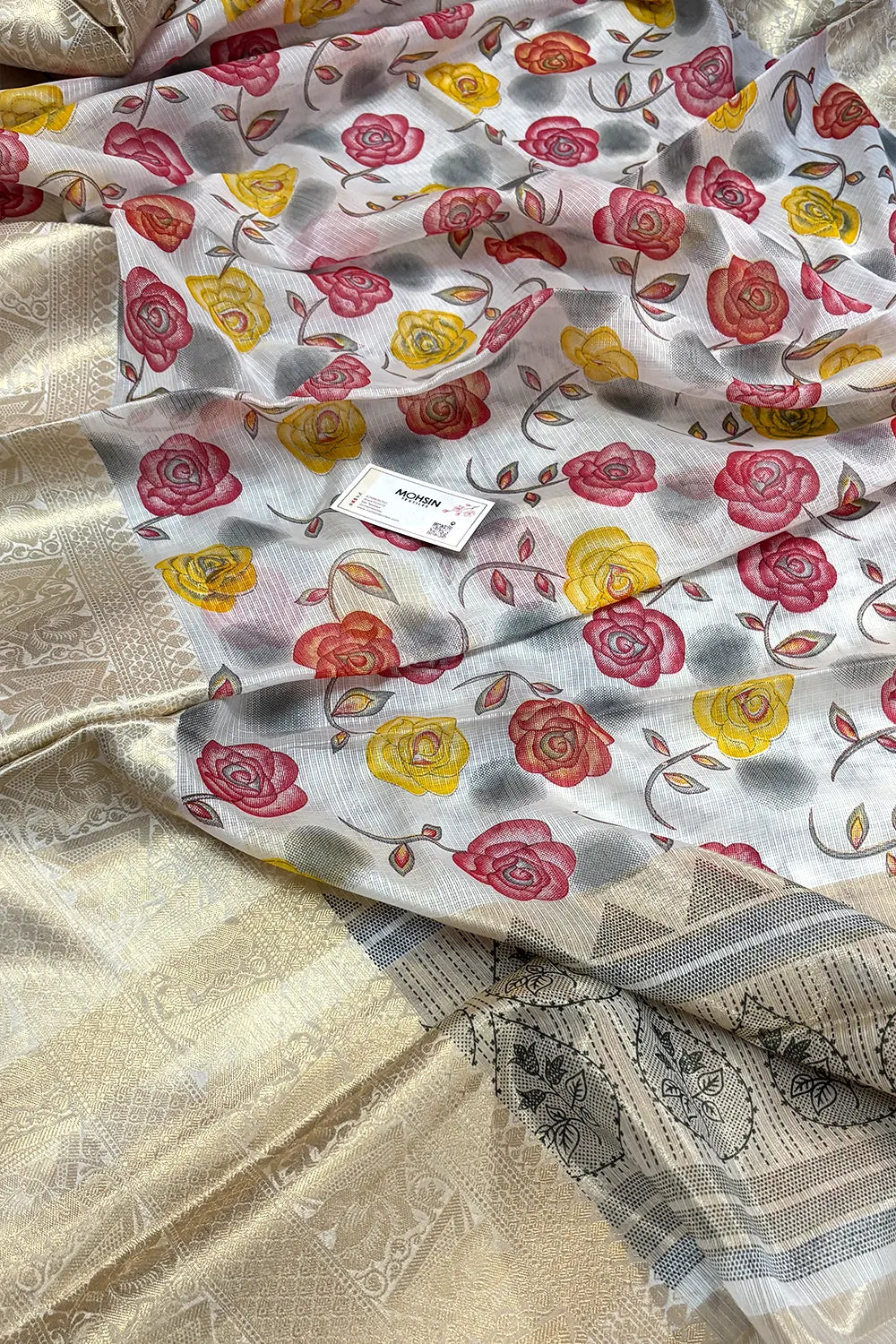 White Rani Printed Muga Silk Banarasi Saree