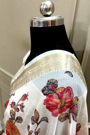 White Rani Printed Muga Silk Banarasi Saree