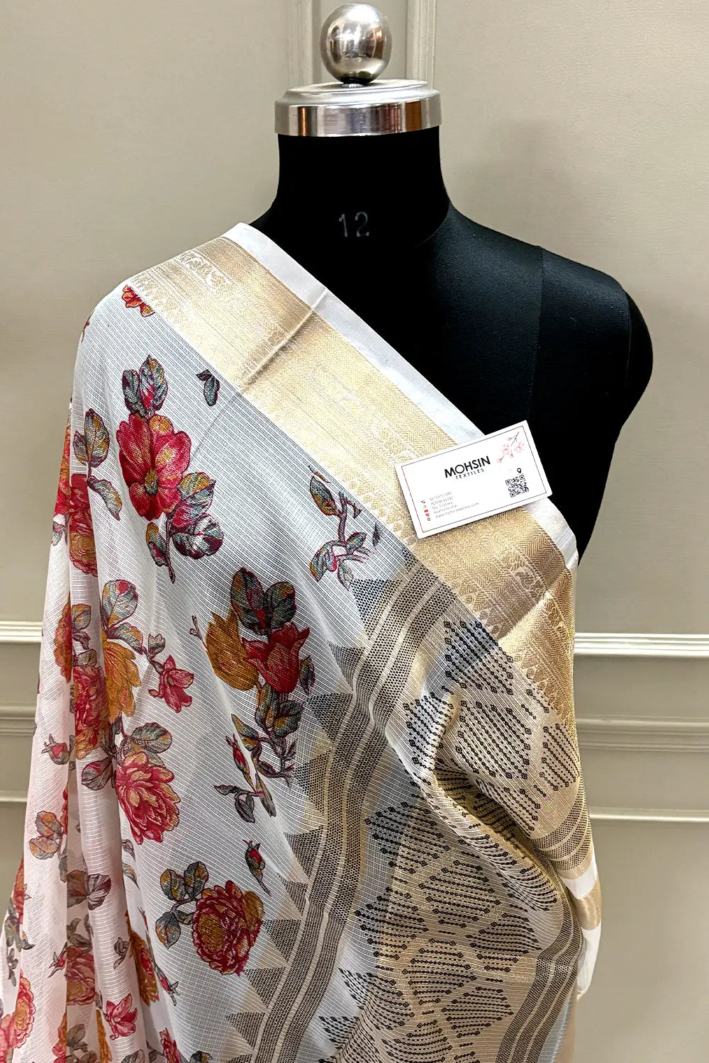 White Rani Printed Muga Silk Banarasi Saree