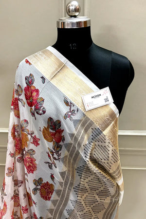 White Rani Printed Muga Silk Banarasi Saree