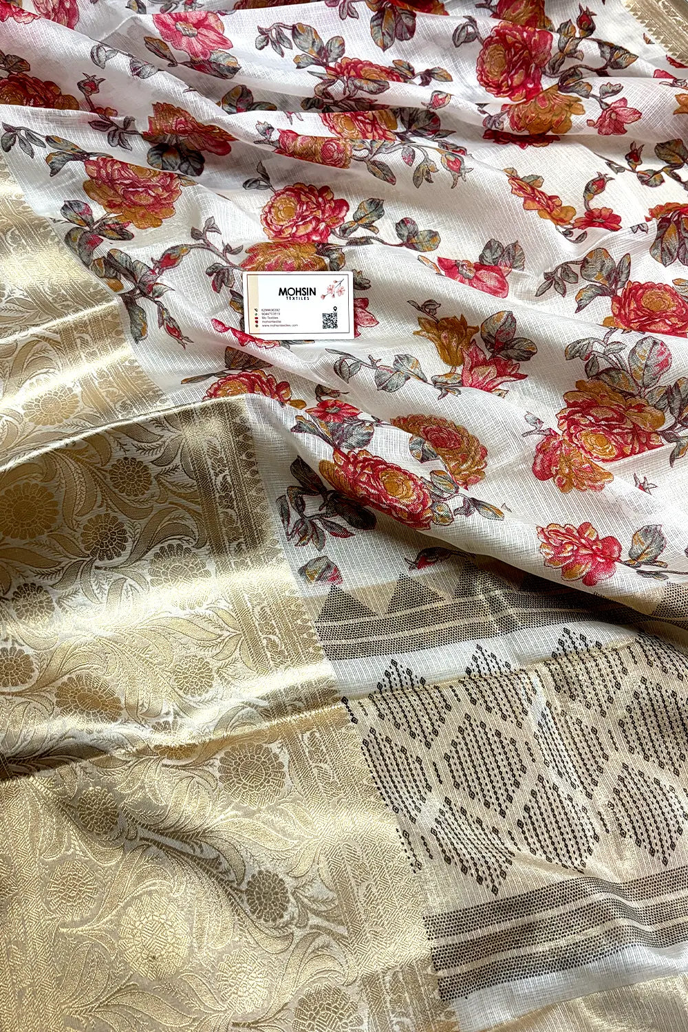 White Rani Printed Muga Silk Banarasi Saree