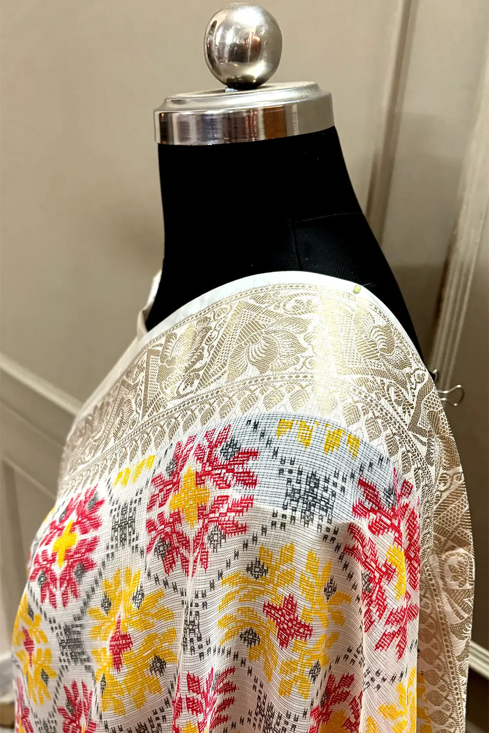 White Rani Printed Muga Silk Banarasi Saree