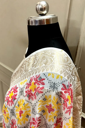White Rani Printed Muga Silk Banarasi Saree
