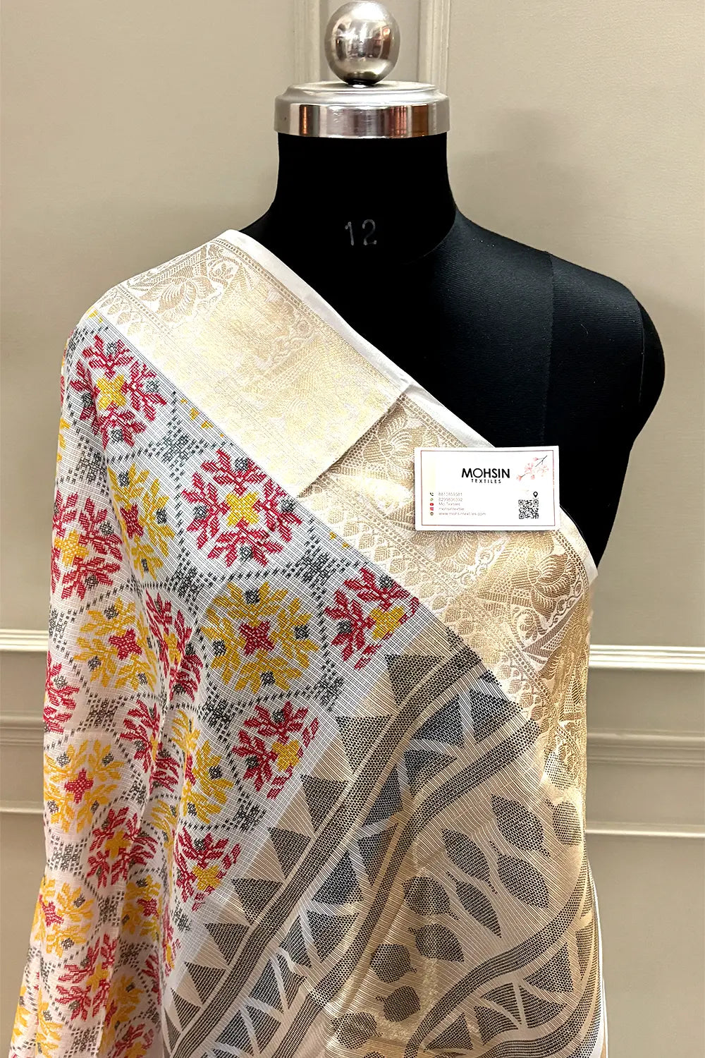White Rani Printed Muga Silk Banarasi Saree