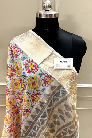 White Rani Printed Muga Silk Banarasi Saree