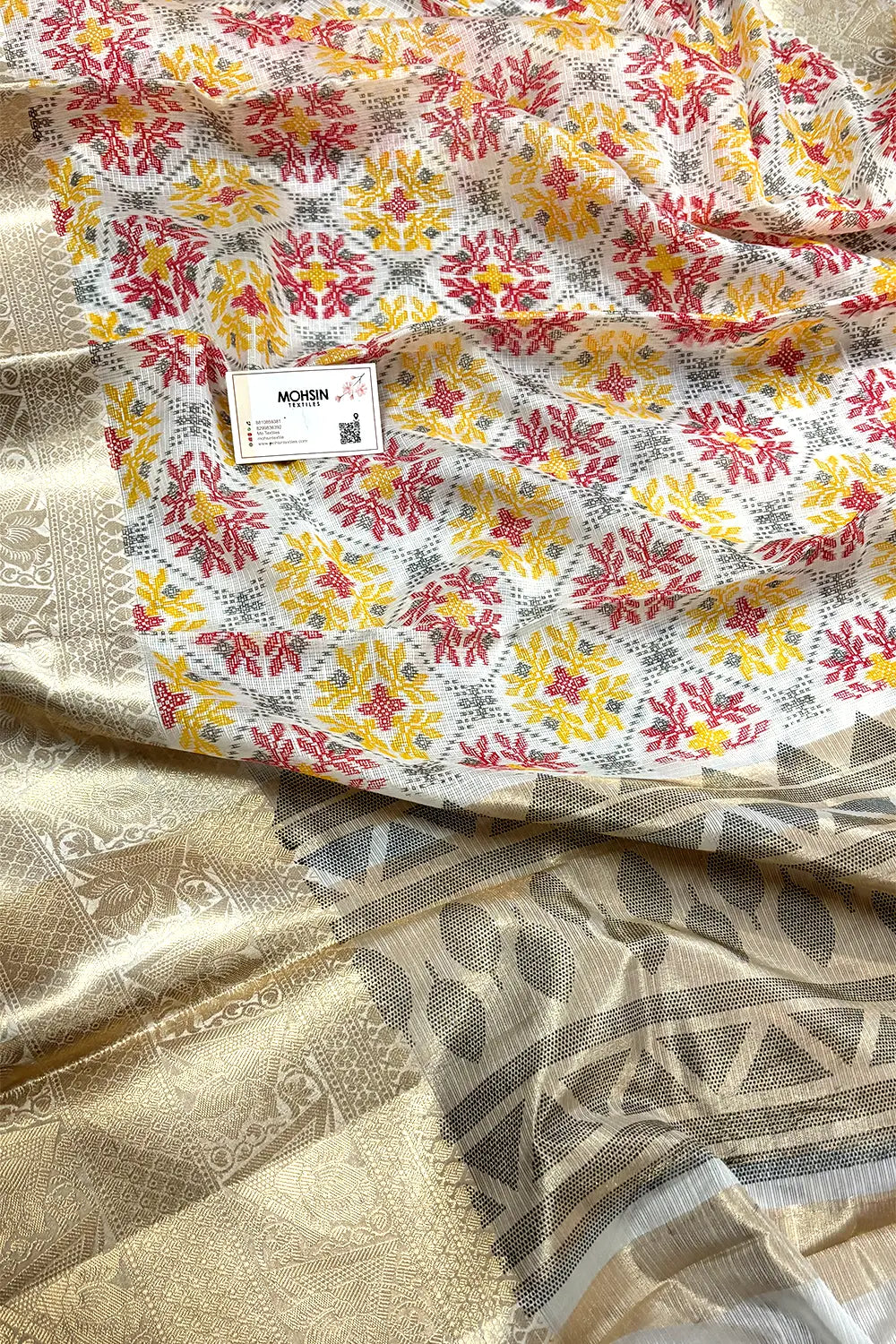 White Rani Printed Muga Silk Banarasi Saree