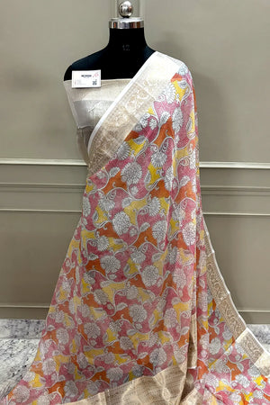 White Rani Printed Muga Silk Banarasi Saree