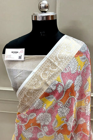 White Rani Printed Muga Silk Banarasi Saree
