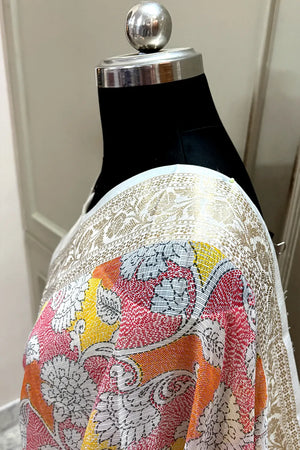 White Rani Printed Muga Silk Banarasi Saree