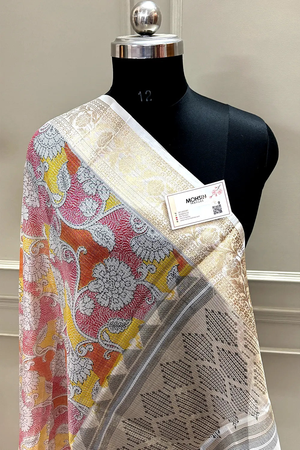 White Rani Printed Muga Silk Banarasi Saree