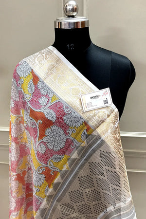 White Rani Printed Muga Silk Banarasi Saree