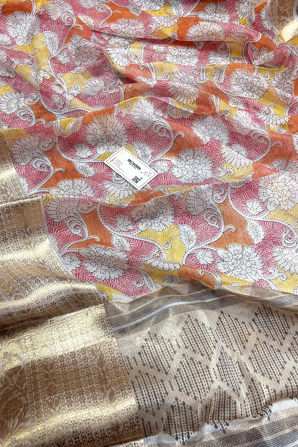 White Rani Printed Muga Silk Banarasi Saree