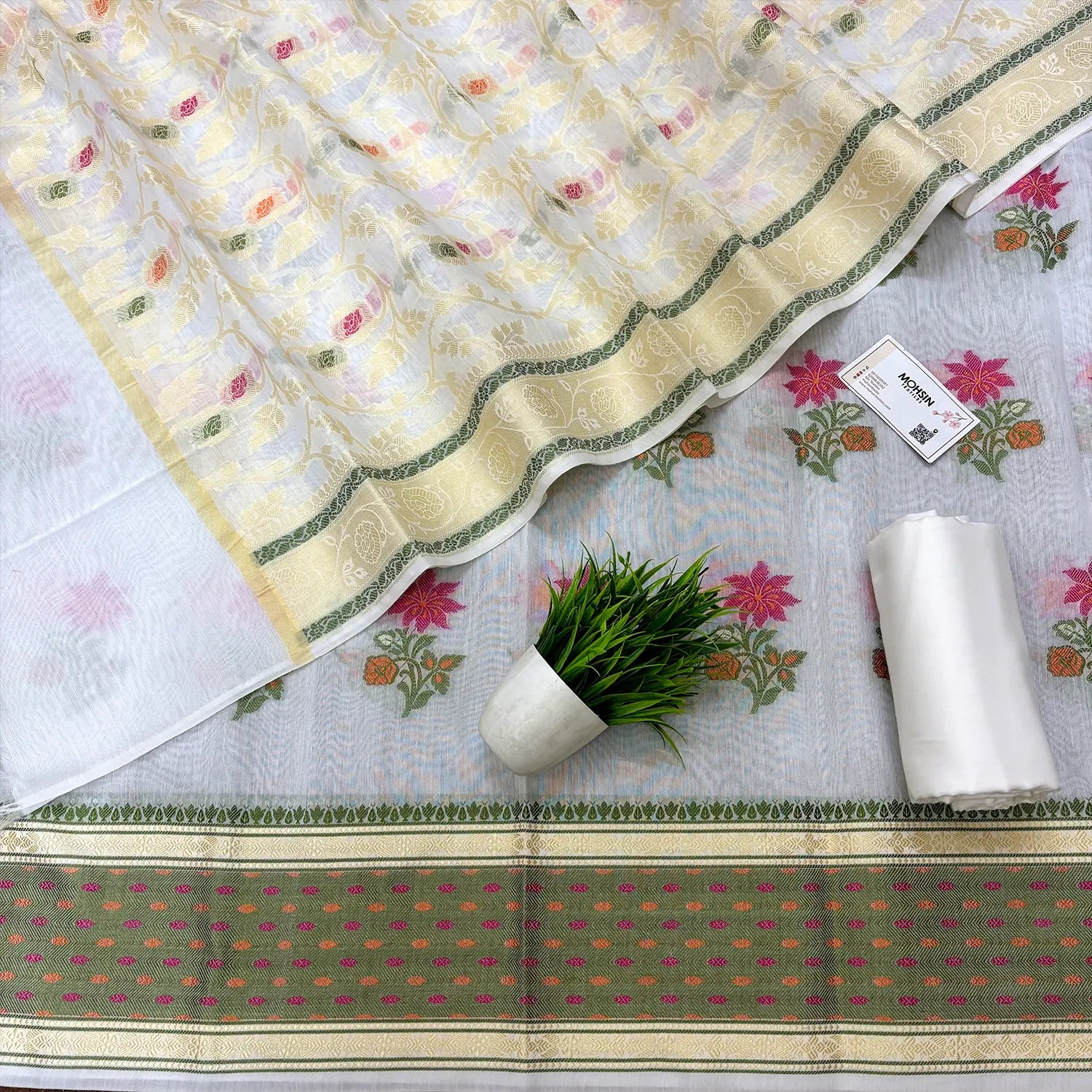 White Resham Banarasi Silk Suit