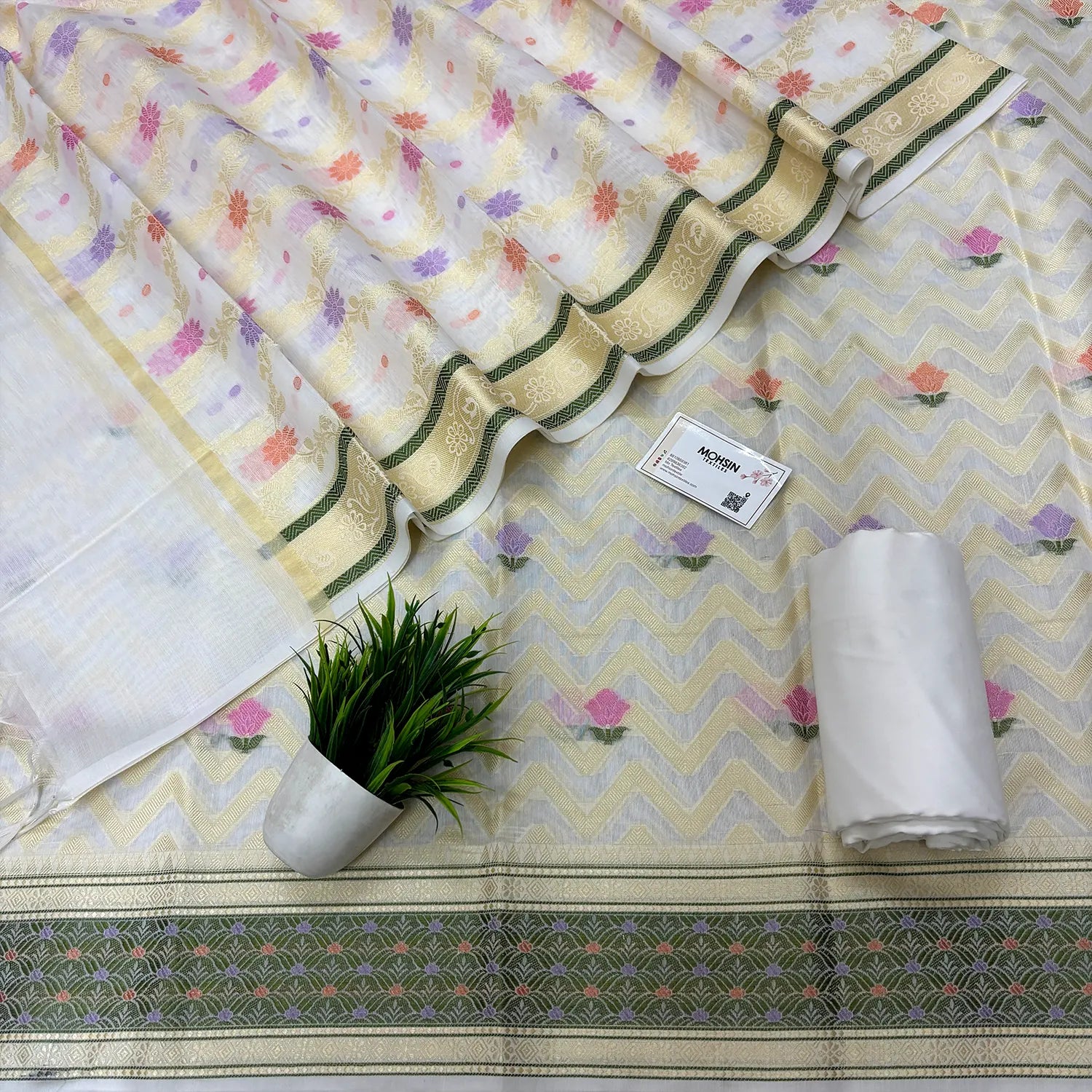 White Resham Banarasi Silk Suit