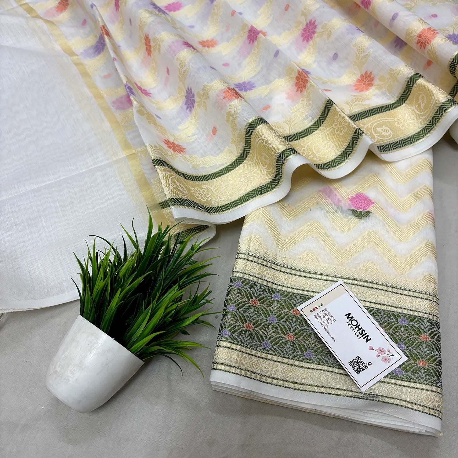 White Resham Banarasi Silk Suit