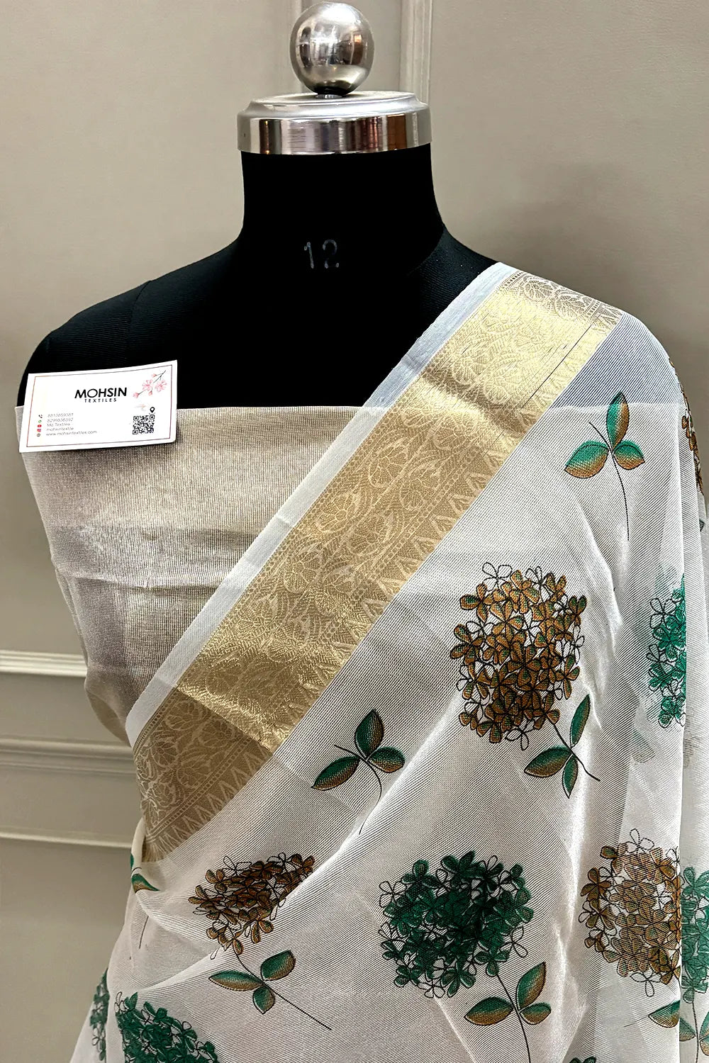 White Sea Green Printed Muga Silk Banarasi Saree