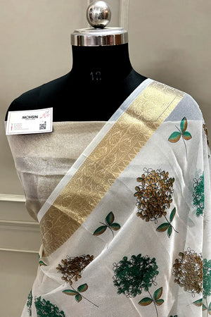 White Sea Green Printed Muga Silk Banarasi Saree