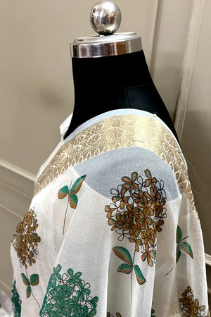 White Sea Green Printed Muga Silk Banarasi Saree