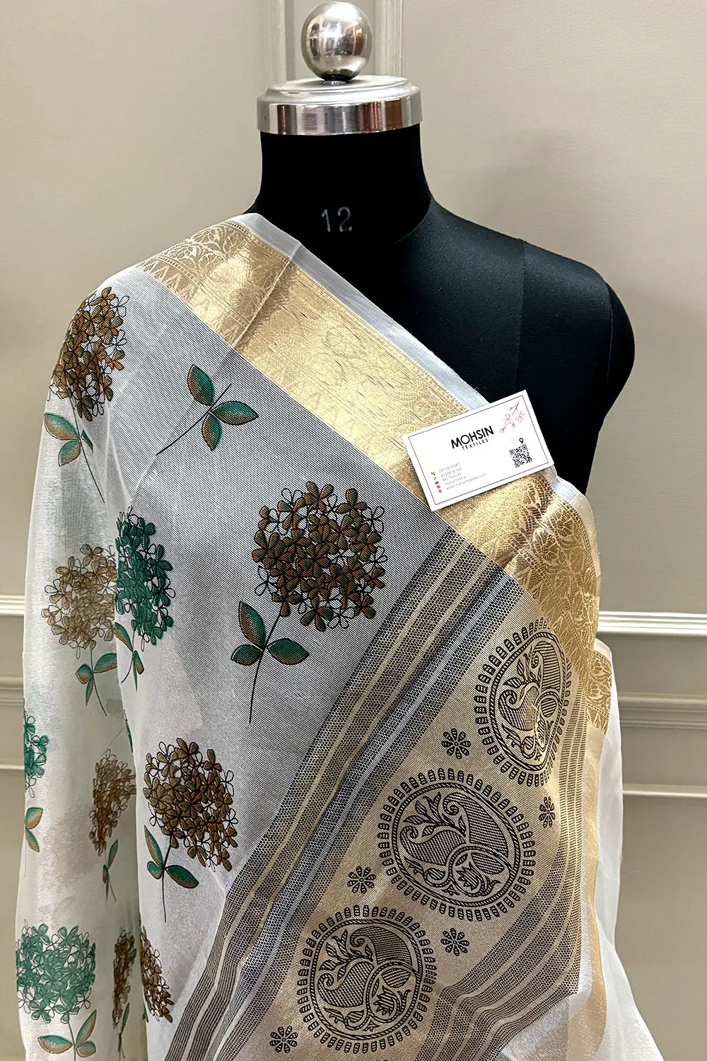 White Sea Green Printed Muga Silk Banarasi Saree