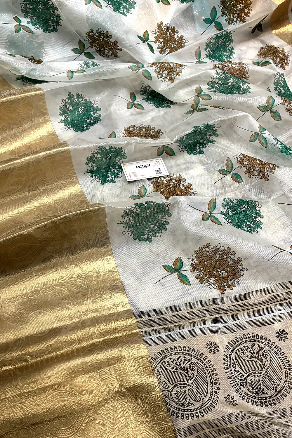 White Sea Green Printed Muga Silk Banarasi Saree