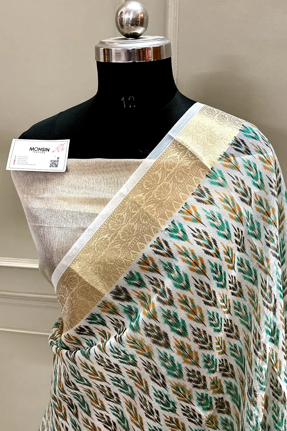 White Sea Green Printed Muga Silk Banarasi Saree