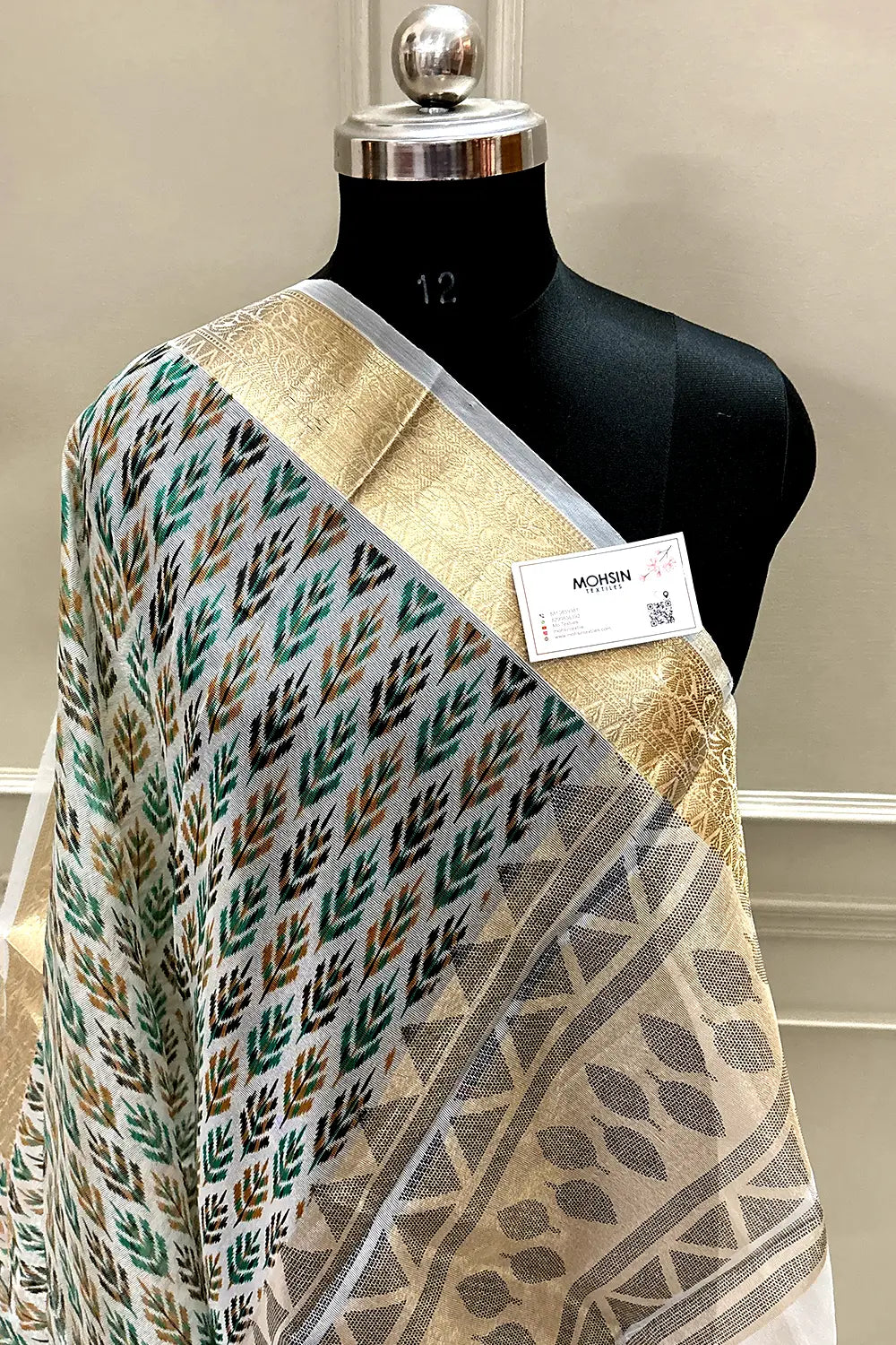 White Sea Green Printed Muga Silk Banarasi Saree