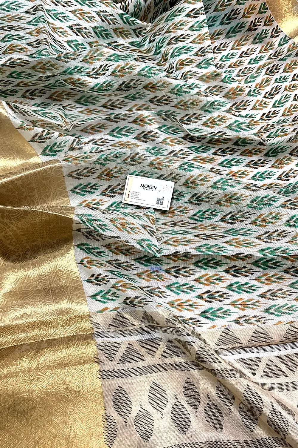 White Sea Green Printed Muga Silk Banarasi Saree