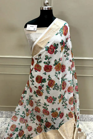 White Sea Green Printed Muga Silk Banarasi Saree