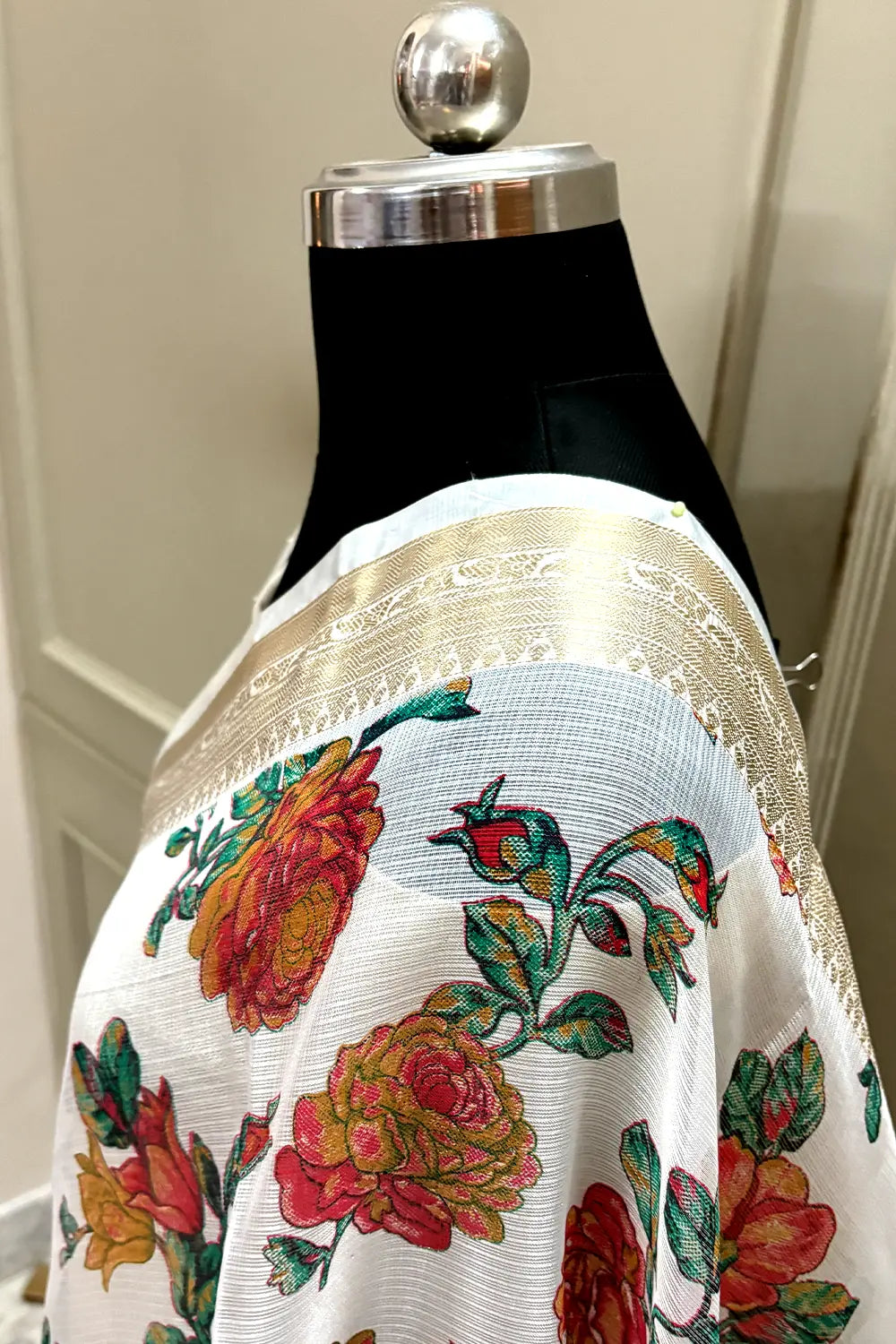 White Sea Green Printed Muga Silk Banarasi Saree