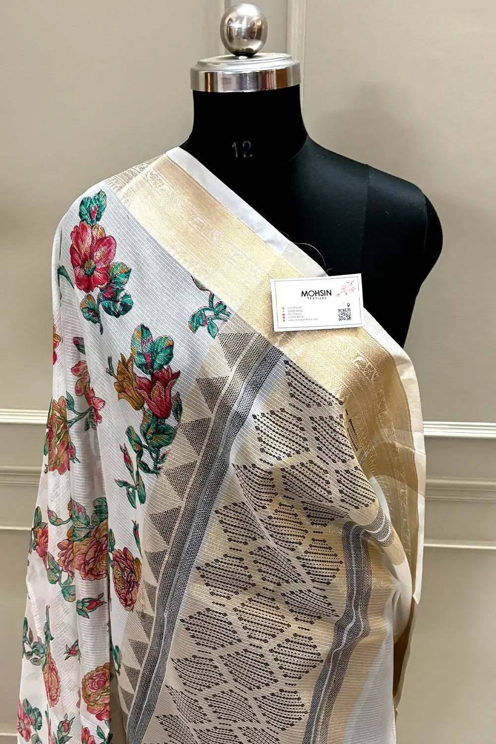 White Sea Green Printed Muga Silk Banarasi Saree