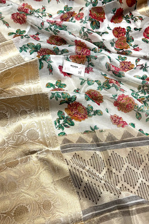 White Sea Green Printed Muga Silk Banarasi Saree