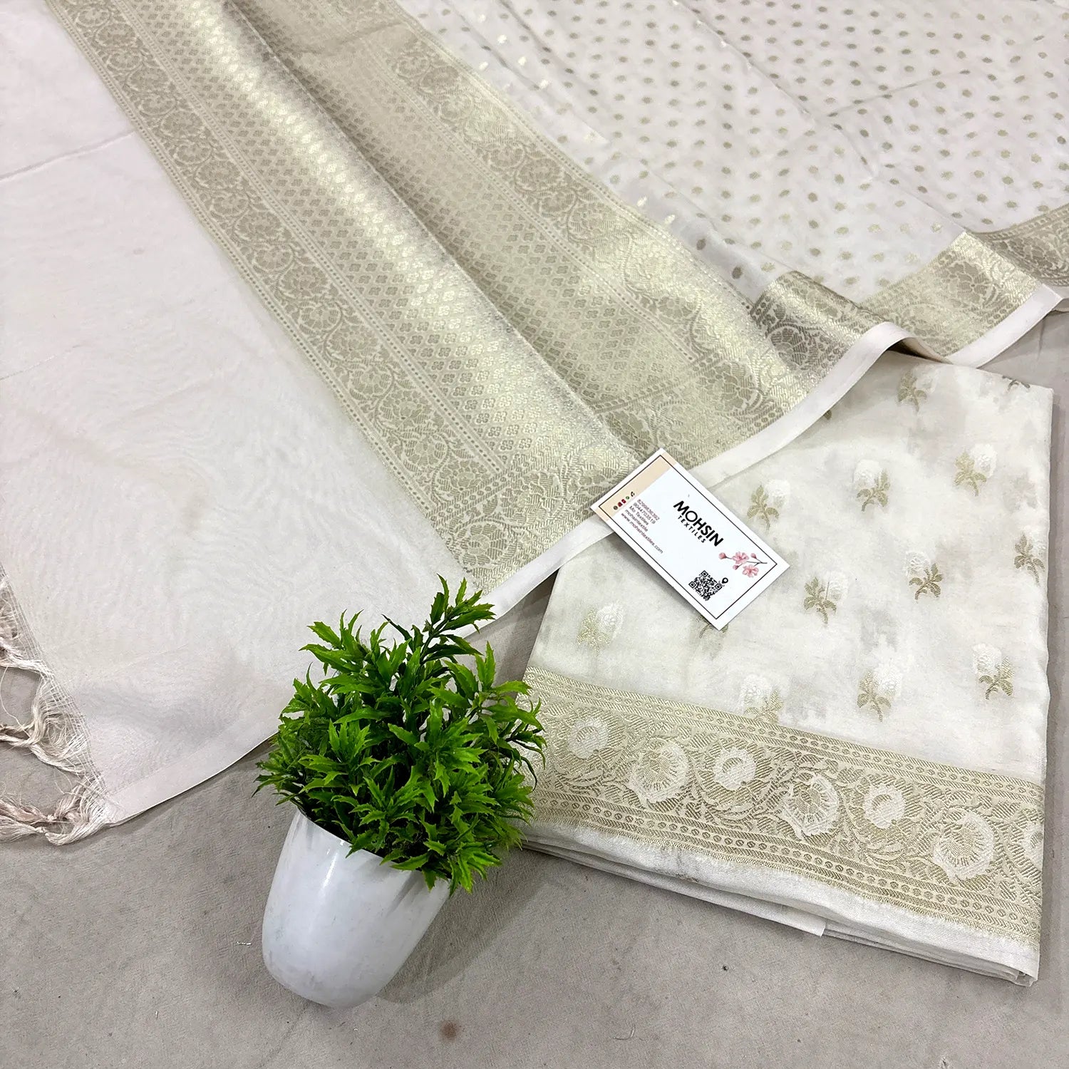 White Zari Katan Silk Banarasi Suit