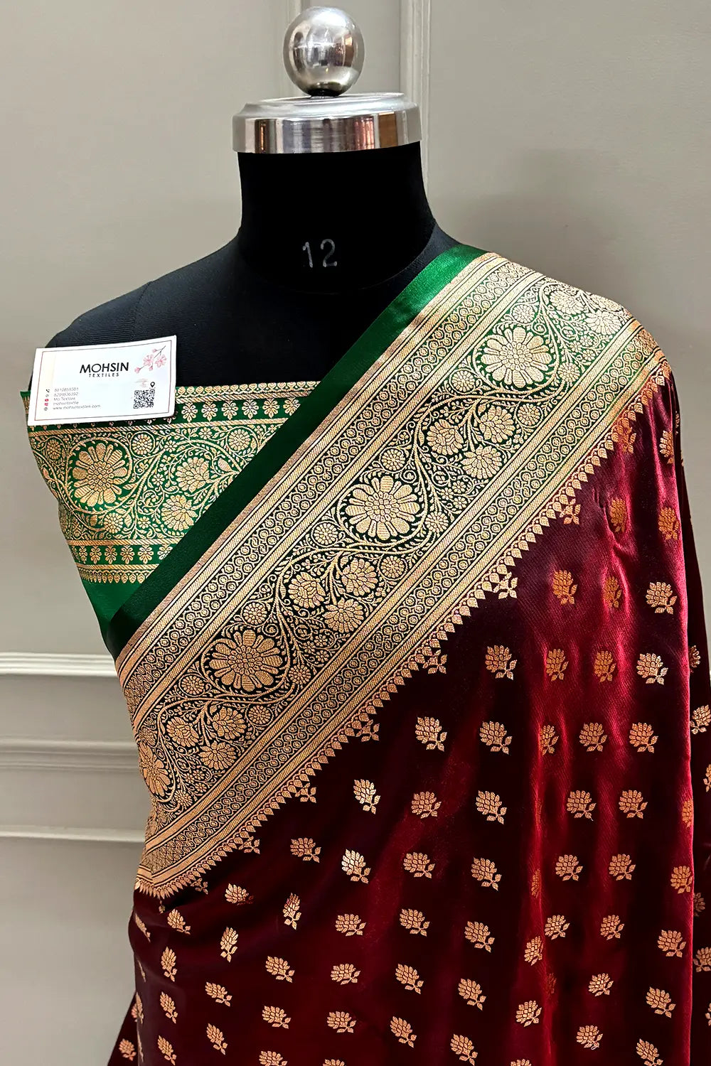 Wine and Bottle Green Satin Silk Banarasi Saree