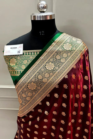 Wine and Bottle Green Satin Silk Banarasi Saree