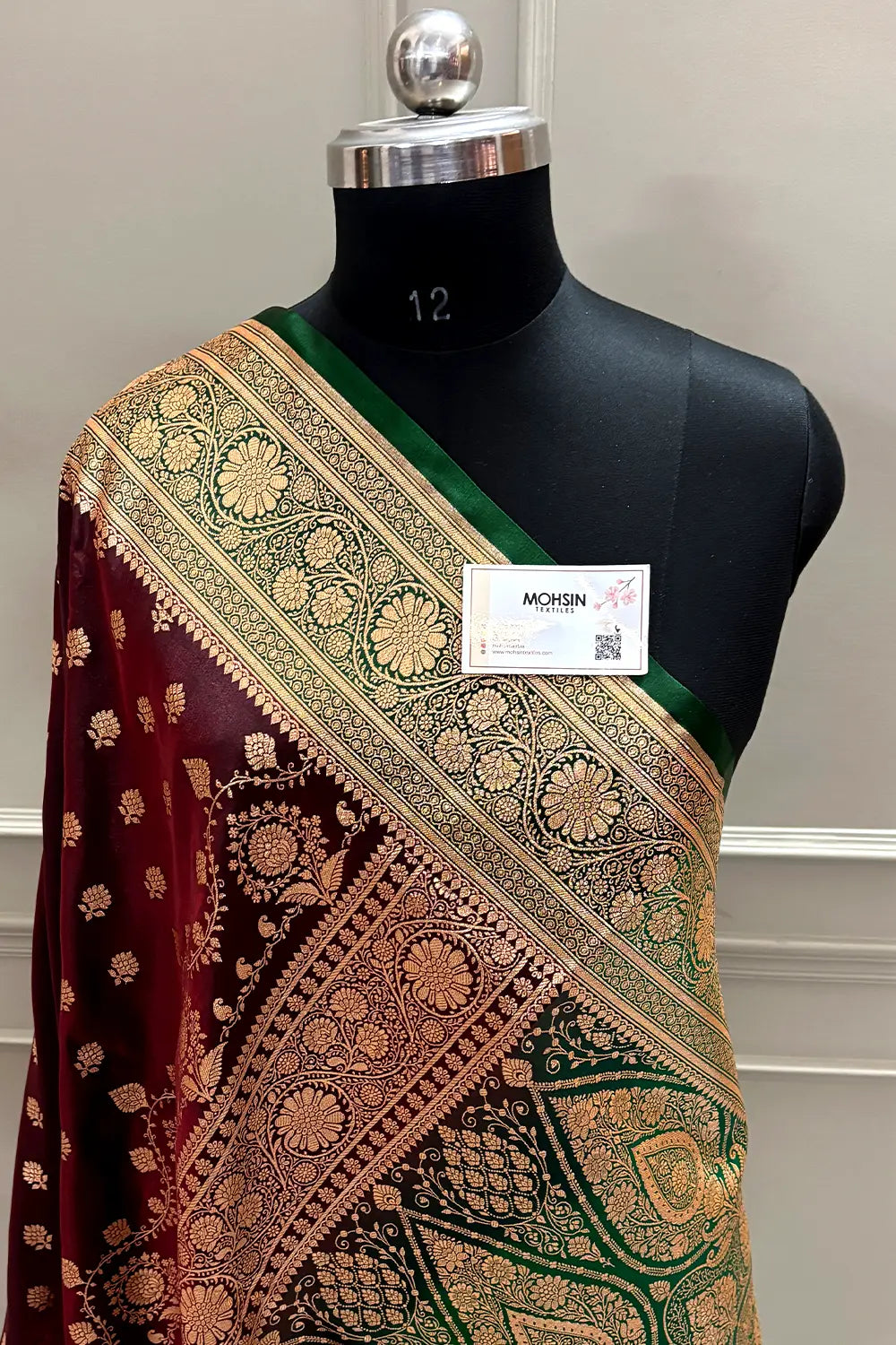 Wine and Bottle Green Satin Silk Banarasi Saree