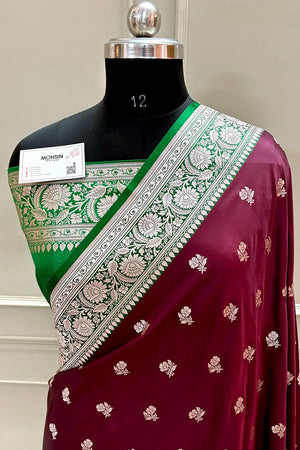 Wine and Green Chaman Buti Katan Silk Banarasi Saree