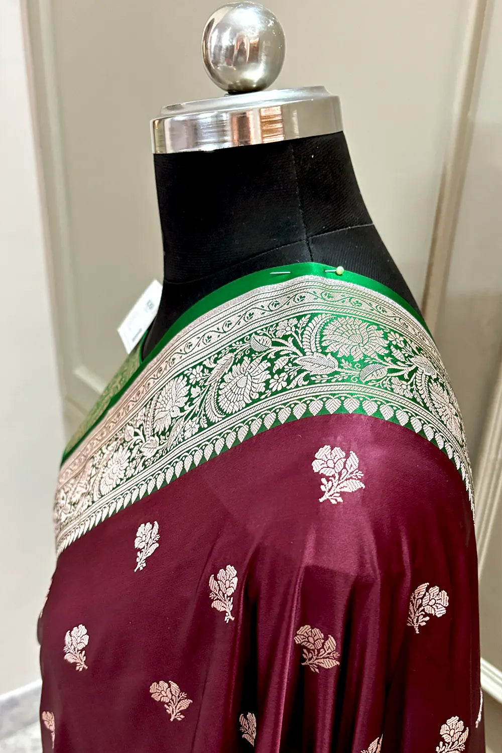 Wine and Green Chaman Buti Katan Silk Banarasi Saree