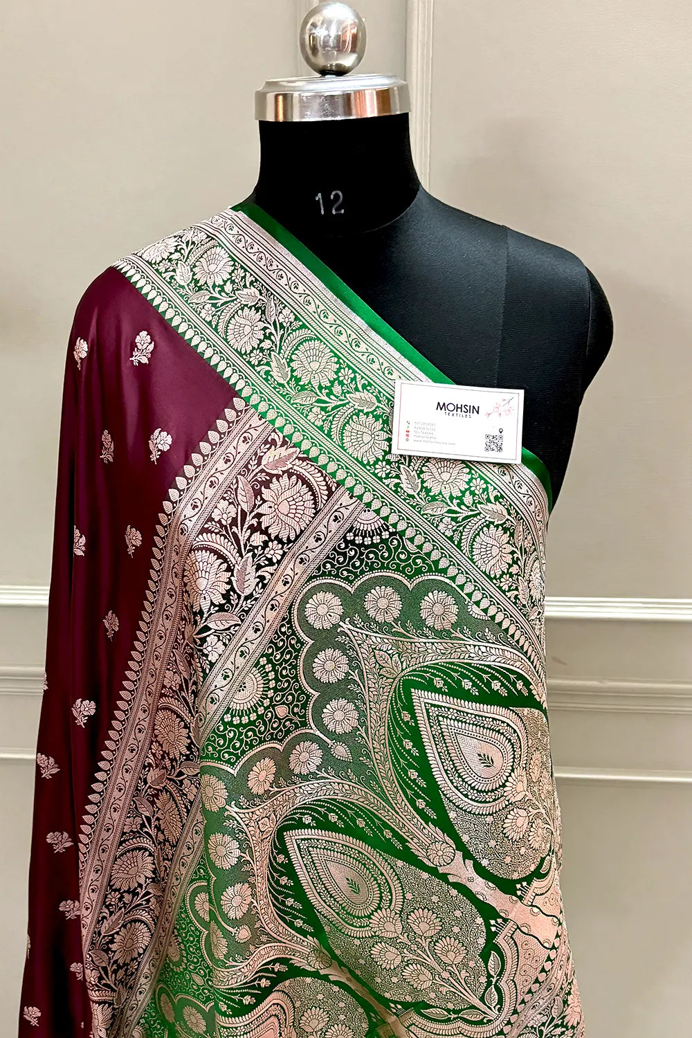 Wine and Green Chaman Buti Katan Silk Banarasi Saree