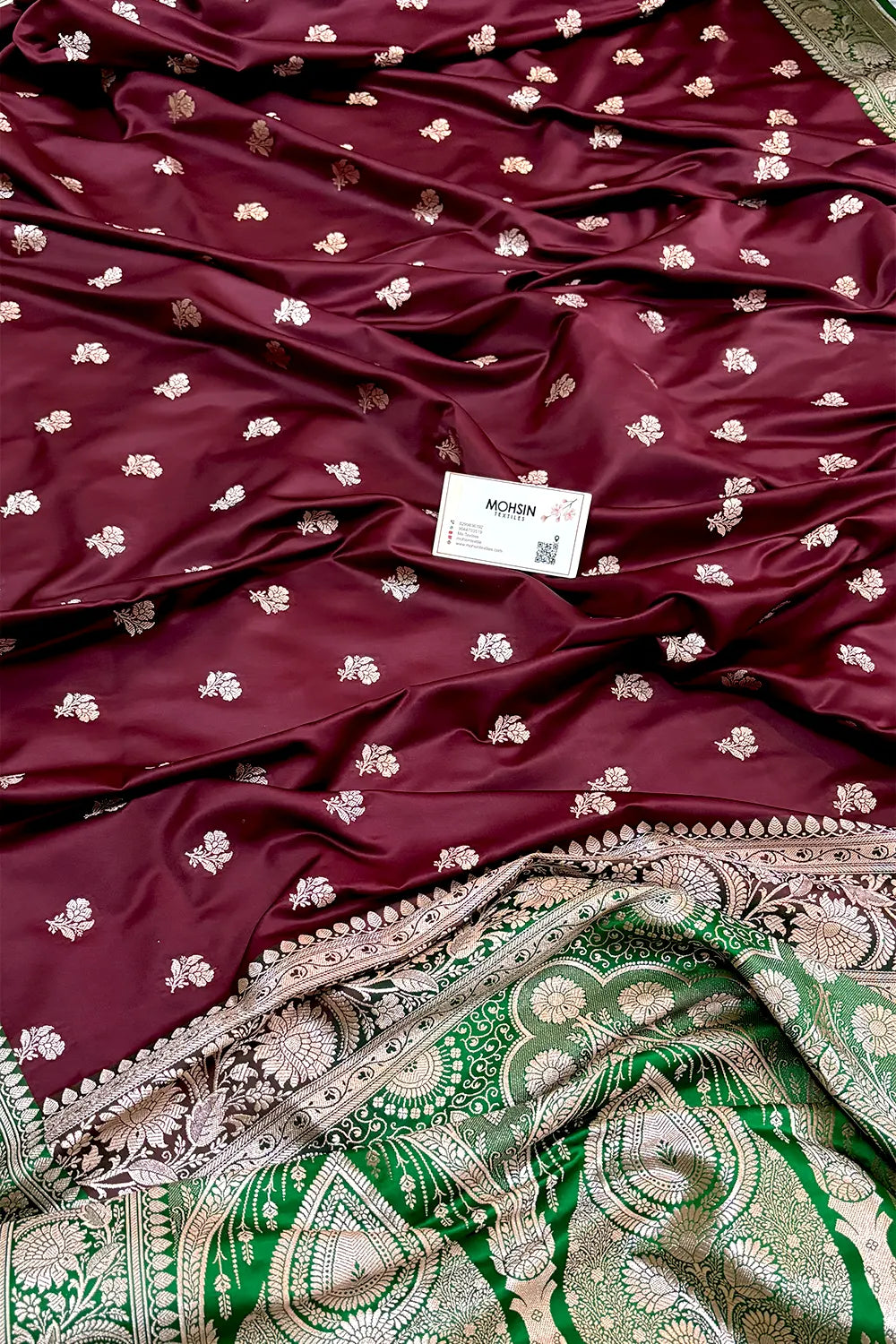 Wine and Green Chaman Buti Katan Silk Banarasi Saree