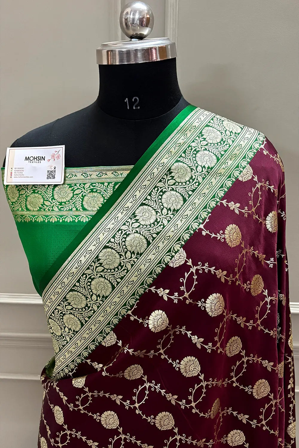 Wine and Green Ropeway Jaal Katan Mashru Silk Banarasi Saree