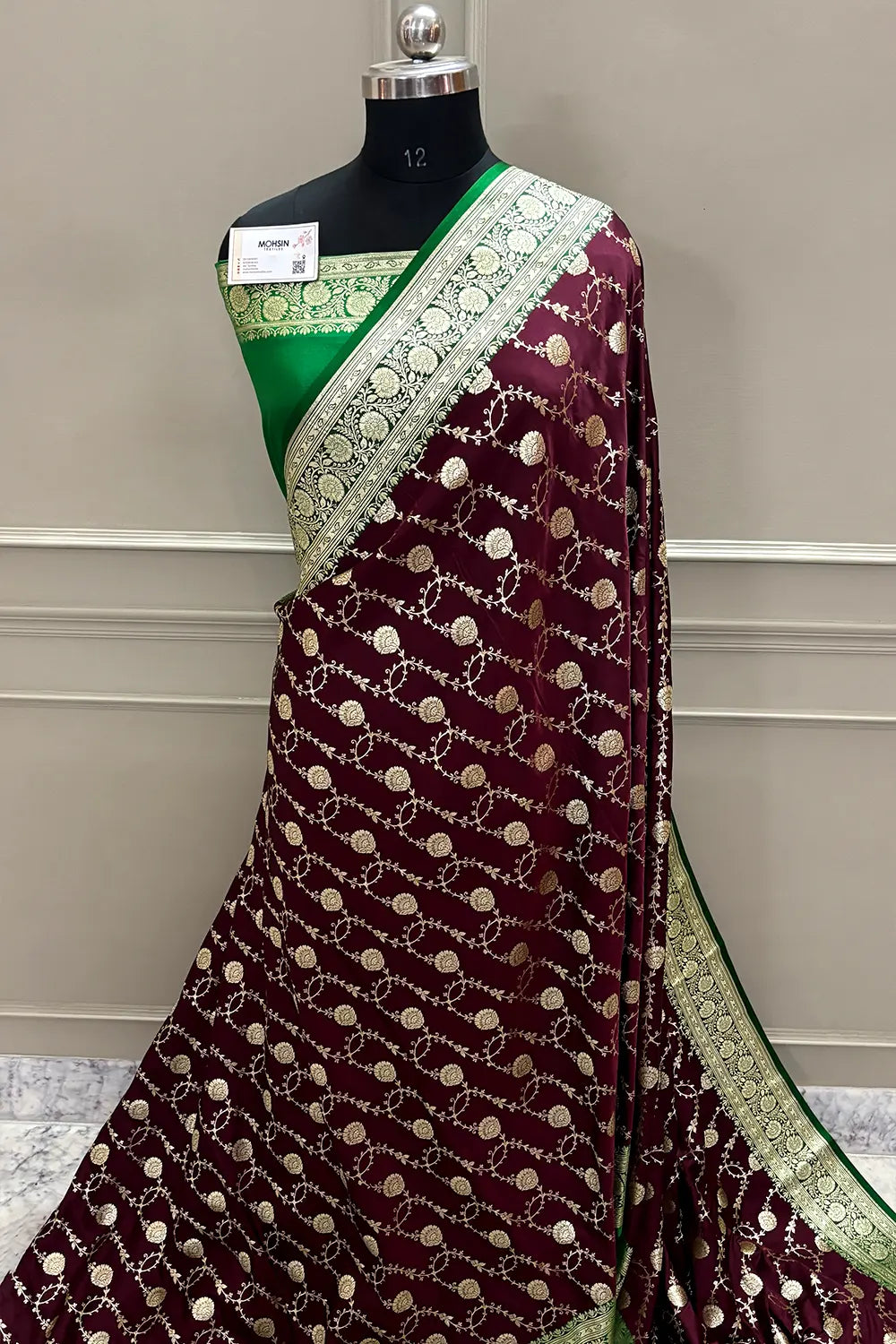 Wine and Green Ropeway Jaal Katan Mashru Silk Banarasi Saree